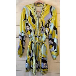 SundayUp Retro Geometric Print Belted Long Sleeve Midi Dress Women's Size L